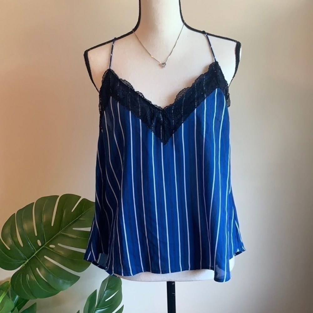 Blue Striped Women's Top with Lace Trim